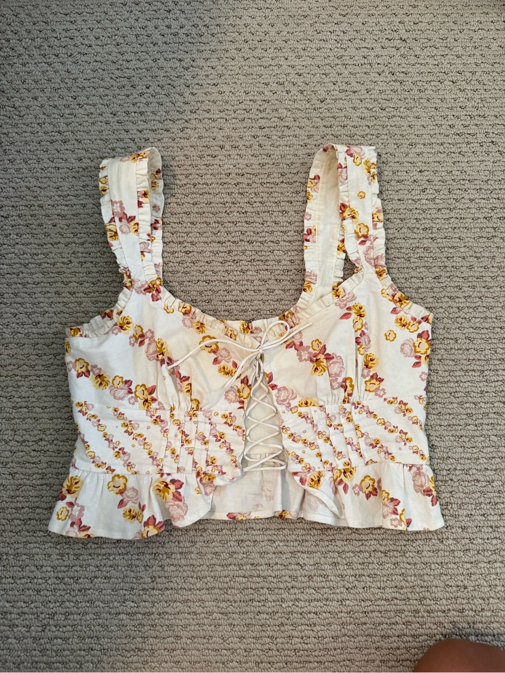 For Love & Lemons White Floral Lace-Up Crop Top